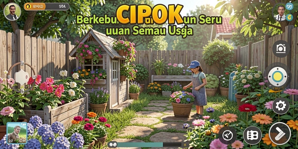 Tampilan gameplay seru di CIPOK yang menampilkan kebun yang subur.