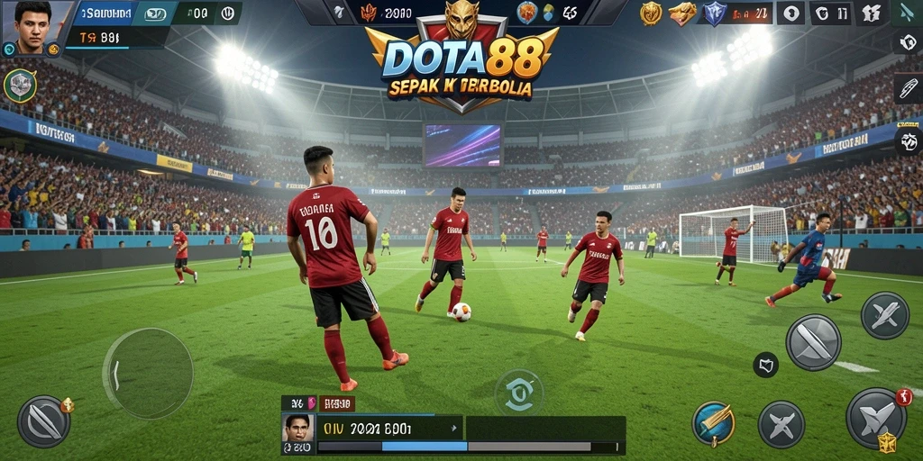 Screenshot utama DOTA88 menunjukkan aksi seru permainan sepak bola.