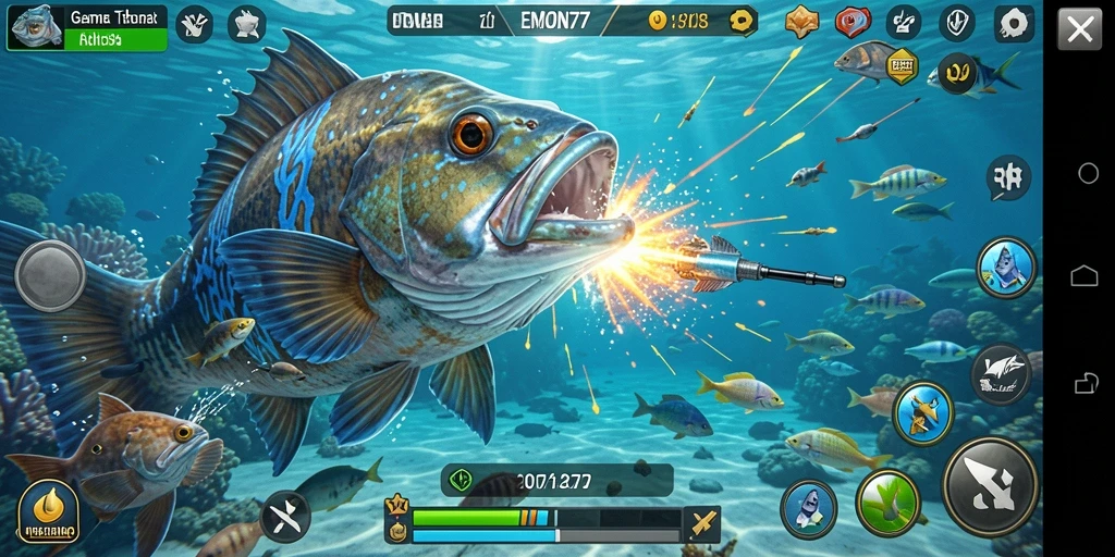 Tampilan screenshot utama EMON77 menampilkan aksi seru dalam menangkap ikan.