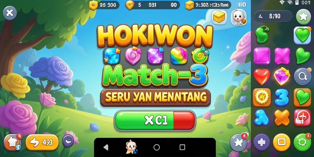 Tangkapan layar HOKIWON menampilkan gameplay Match-3 yang penuh warna dan menarik.