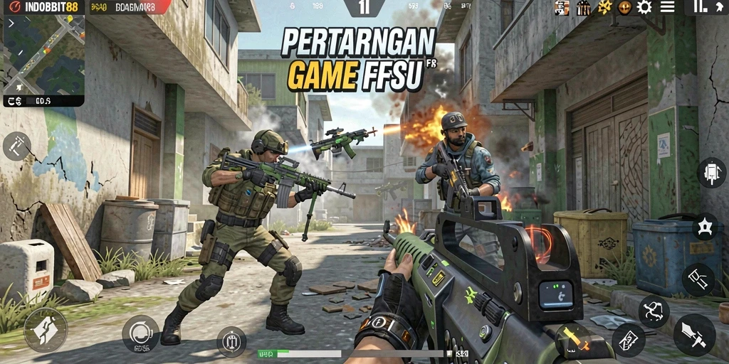 Screenshot intense dari gameplay <strong>INDOBIT88</strong> dengan aksi tembak-menembak yang seru.