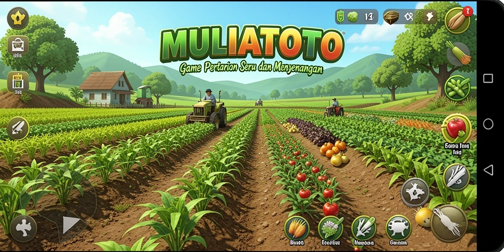 Tangkapan layar gameplay MULIATOTO menampilkan aktivitas bertani yang seru.