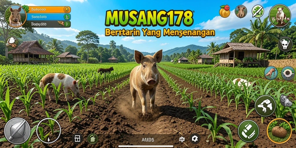 Tangkapan layar utama MUSANG178 menunjukkan kebun yang subur dan hewan ternak yang sehat.