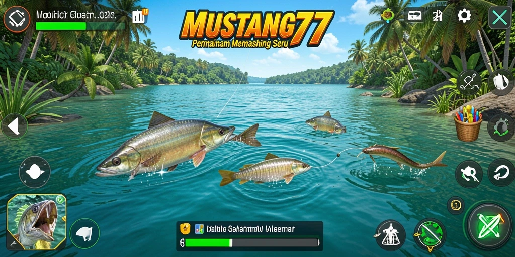 Tampilan gameplay <strong>MUSTANG77</strong> dengan aksi memancing yang mendebarkan.