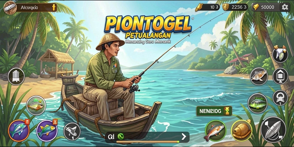Screenshot utama PIONTOGEL menampilkan gameplay seru saat menangkap ikan.