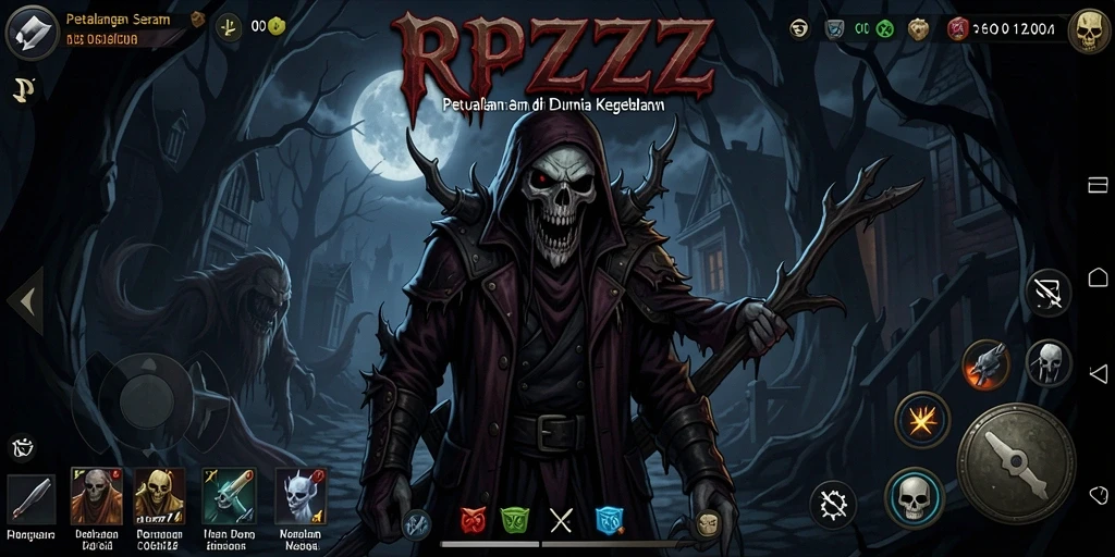 Tampilan gameplay RPZZZ yang mencekam di kegelapan.